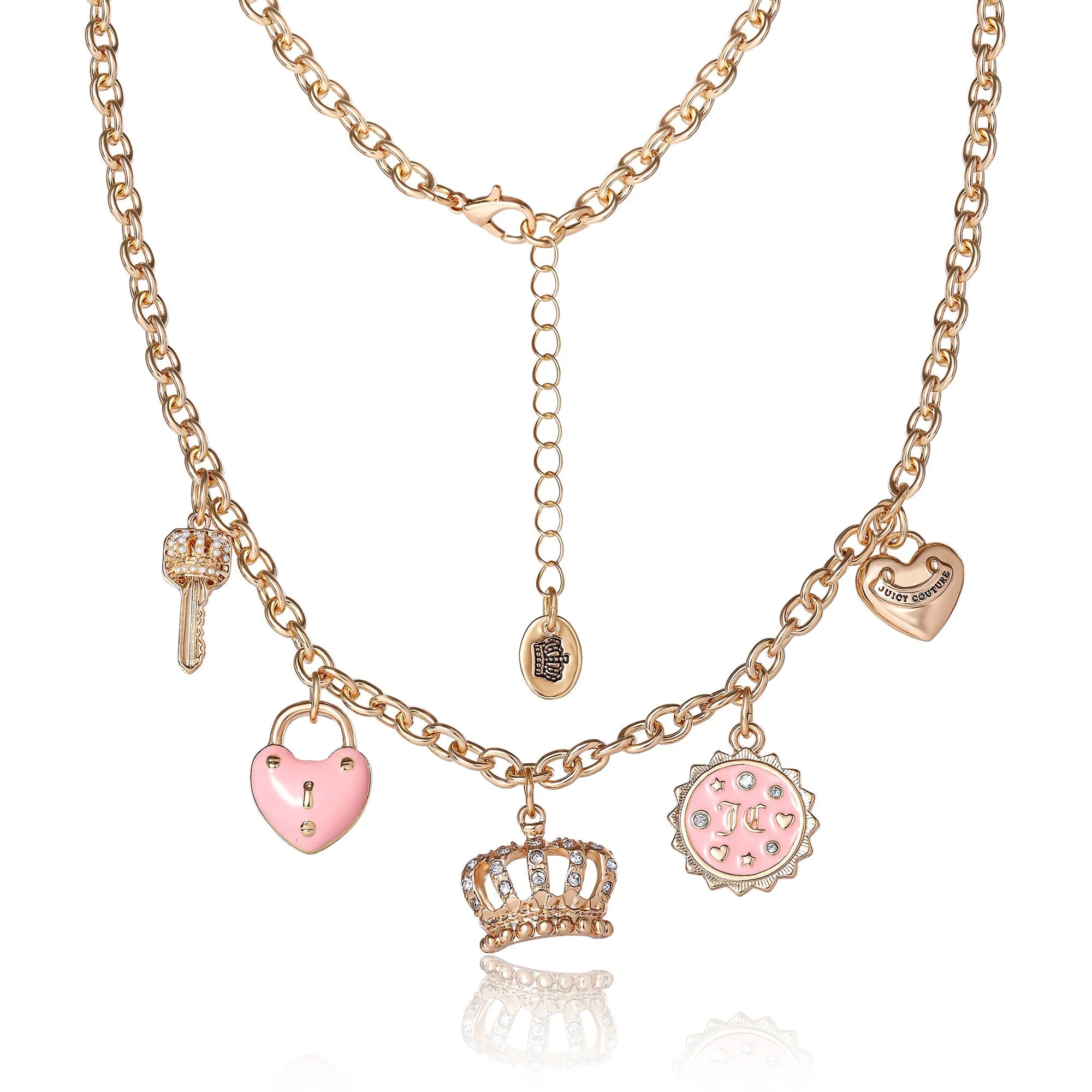 Charm Necklace with Pink Enamel Accents and Crystal Details - Image 3